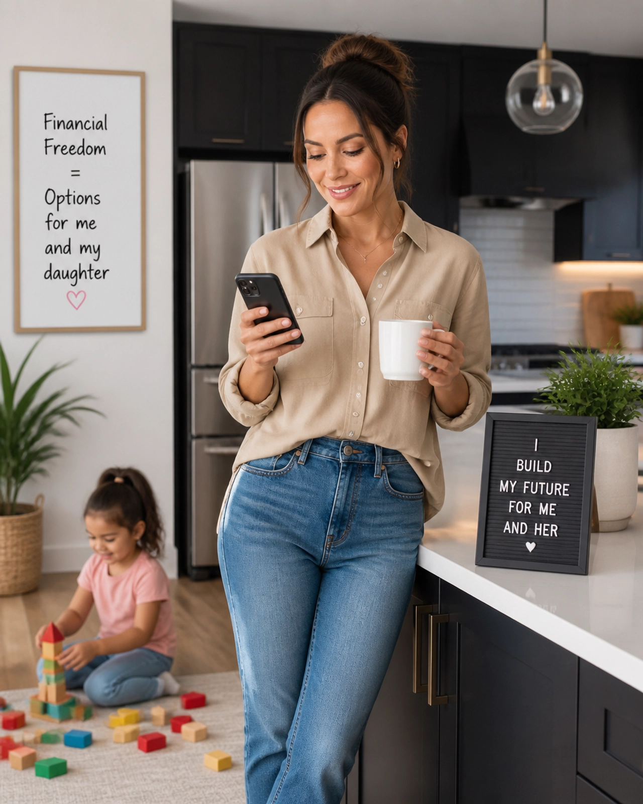 A confident single mom managing her life and finances with ease