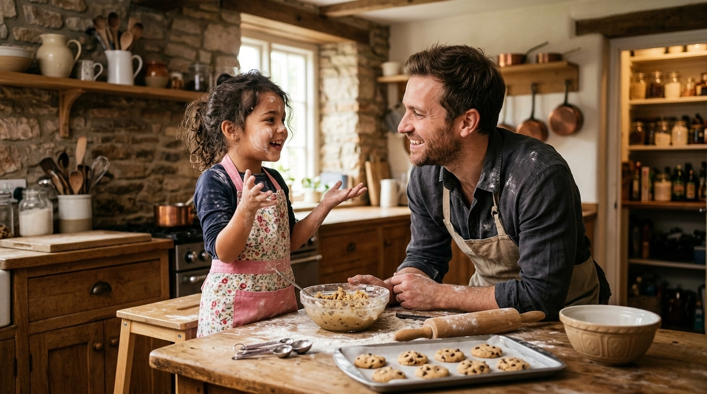 A father and daughter baking together, laughing and connecting.