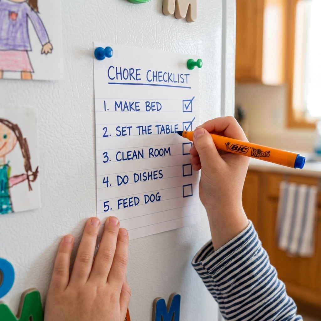Child checking off a task on a paper checklist