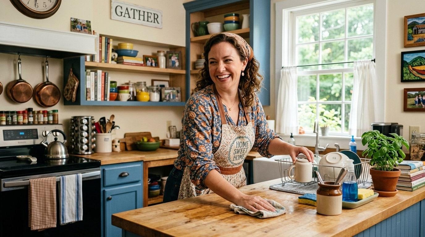 A cheerful single mother in a Southern kitchen, smiling as she clears off a countertop. The kitchen is tidy and bright. She looks empowered and at peace.
