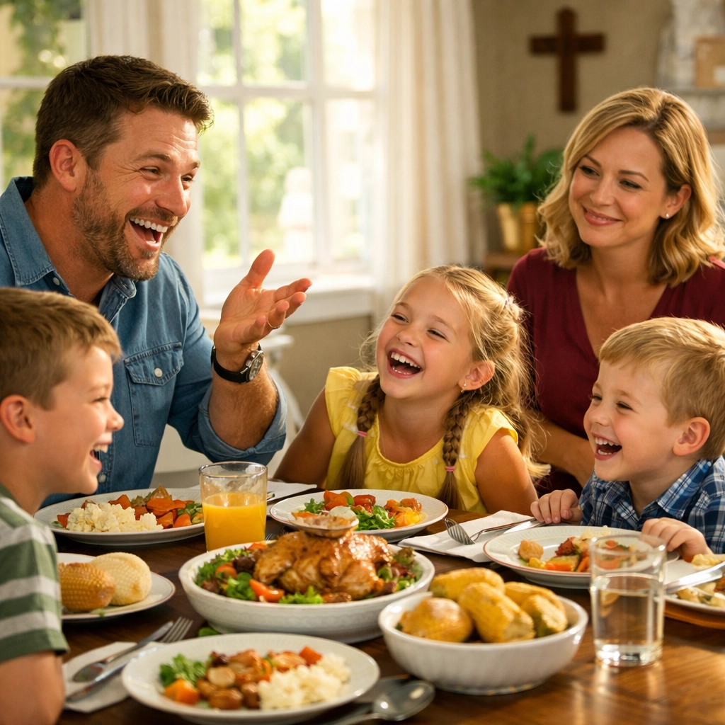 A joyful family gathering for a meal, showcasing the benefits of balanced living and time management tips.