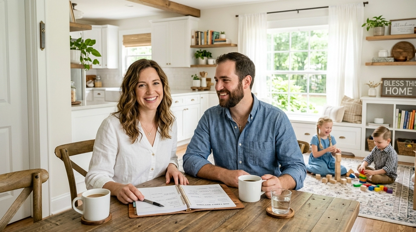 A smiling couple sits at a table with coffee and paperwork in a bright kitchen, while two children play with blocks in the background on a rug.