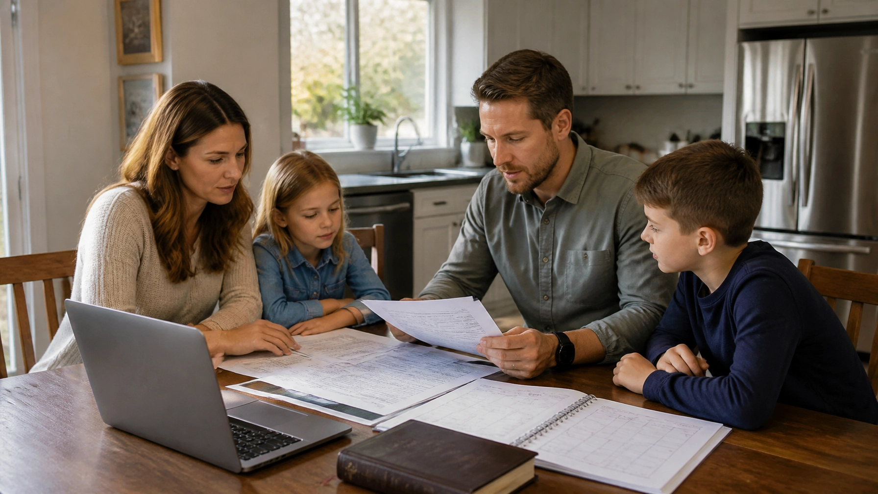 Family holding a casual monthly money meeting at the kitchen table with budget sheets and a laptop