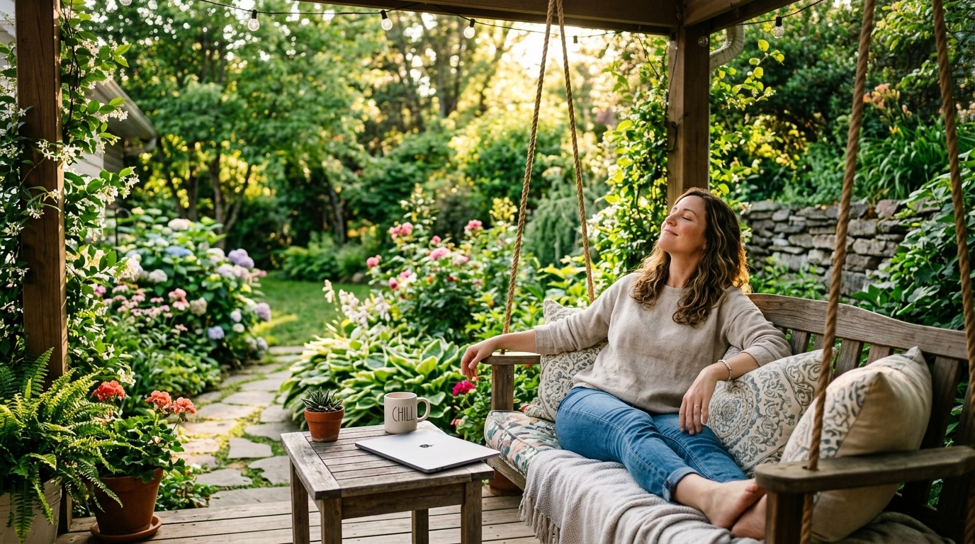 Peaceful woman enjoying time outside after work