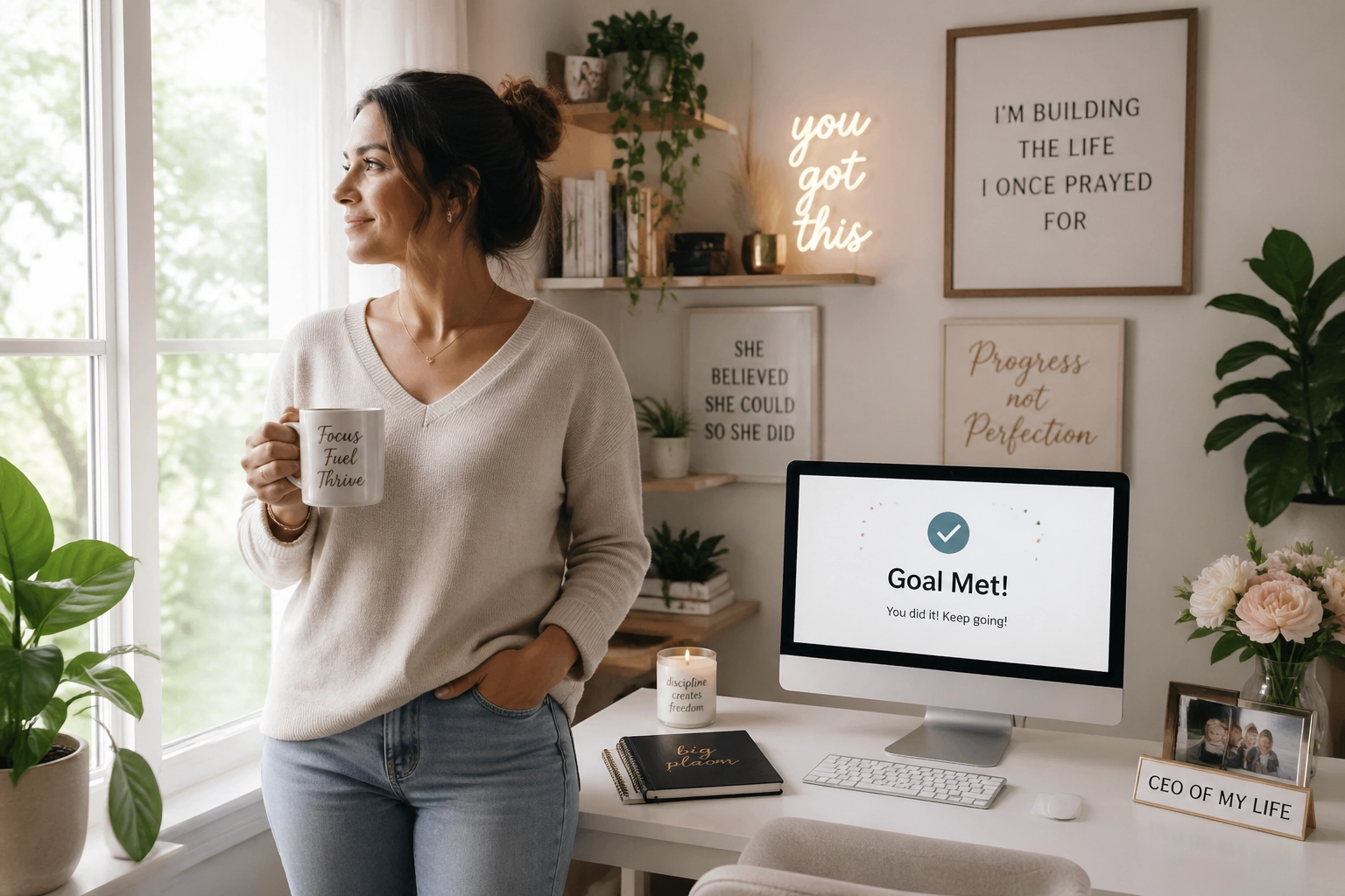 An empowered woman standing in her bright home office, looking out the window with a coffee mug, feeling calm and in control.
