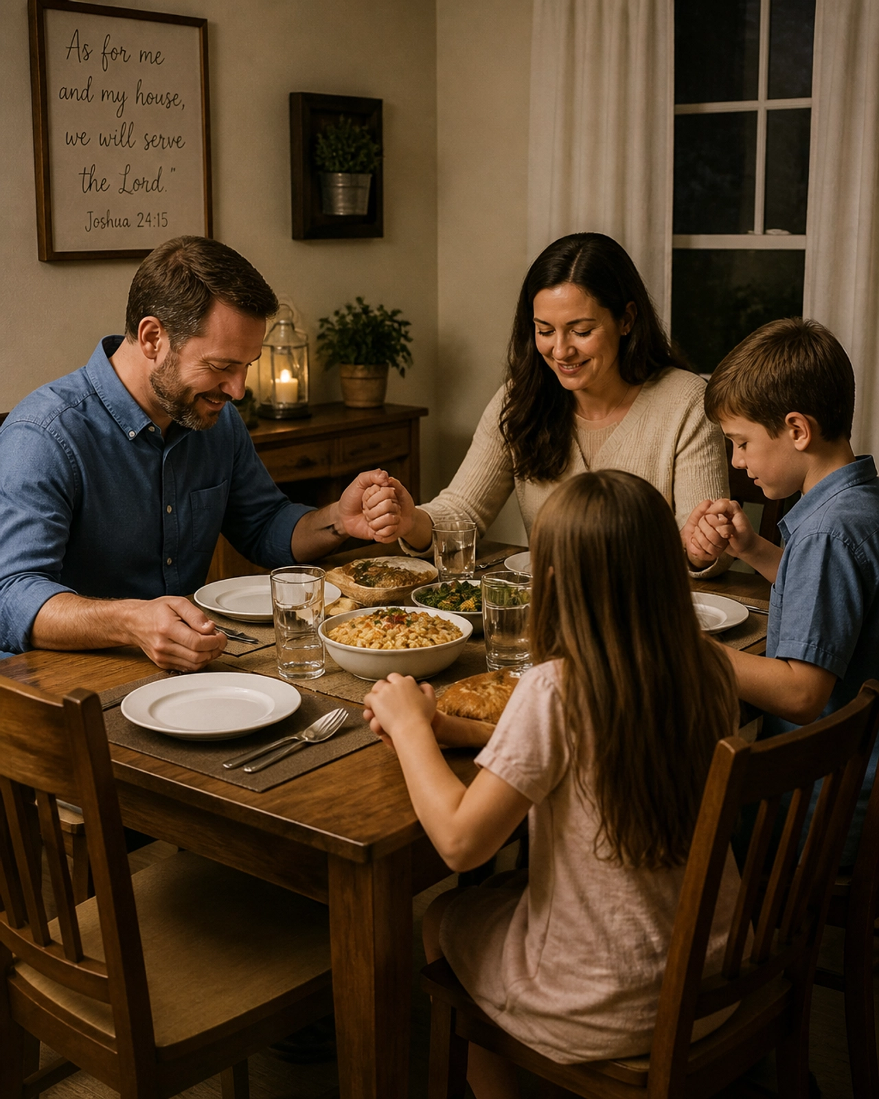 Traditional family holding hands at dinner table
