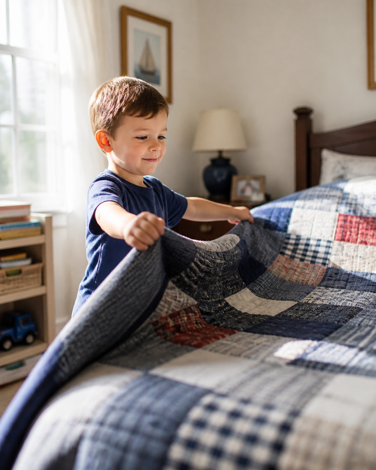 A young boy proudly making his bed in a sunlit room, demonstrating the power of a simple morning routine.
