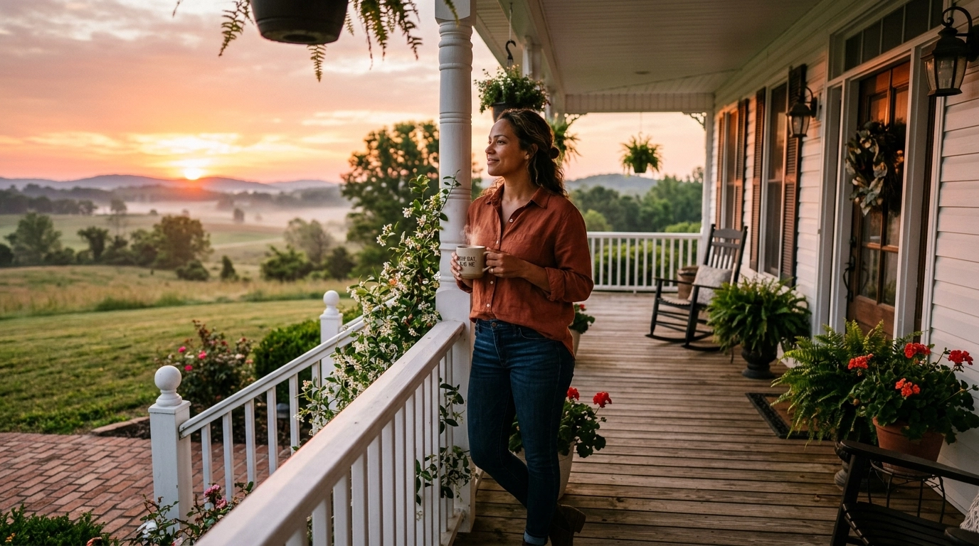 A confident woman looking at the sunrise, representing empowerment and control.