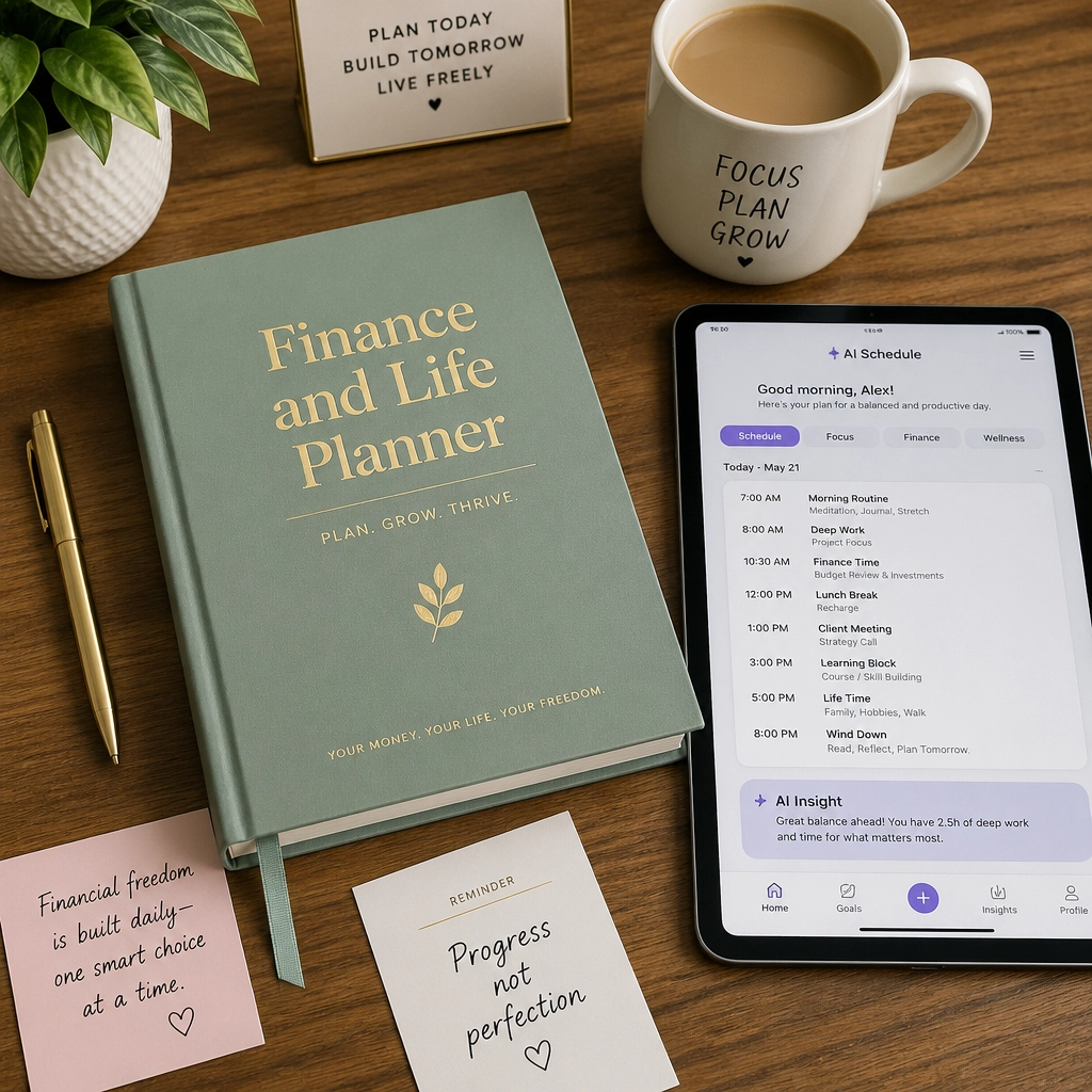 A beautiful physical Finance and Life Planner sitting next to a coffee cup and a tablet, showing the harmony of paper and tech.