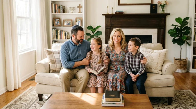 Family of four smiling and sitting on a beige couch in a living room, with books and photos on shelves behind them. The father holds a book, and everyone appears happy and engaged with each other.