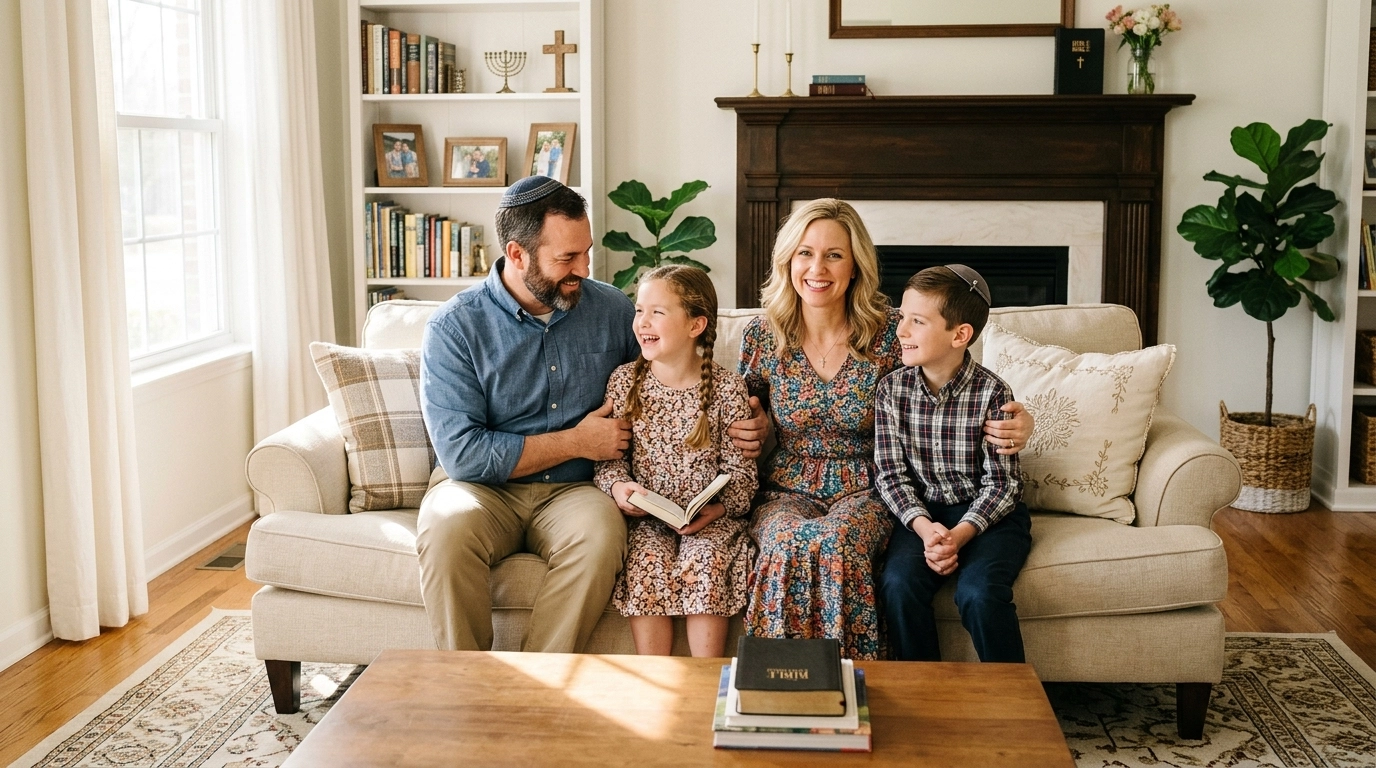 A traditional family enjoying a peaceful, organized home life.