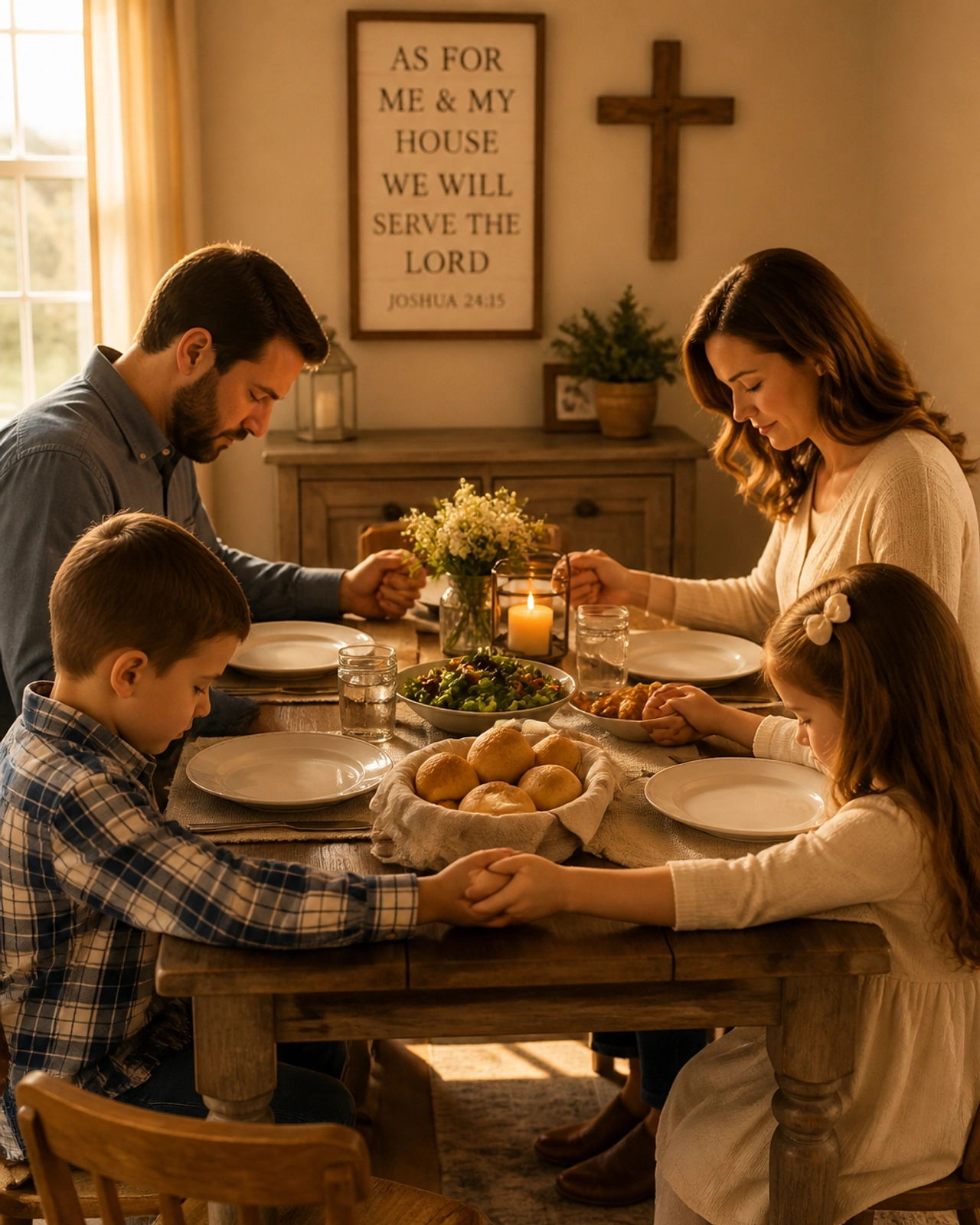Traditional Christian family praying together at the dinner table