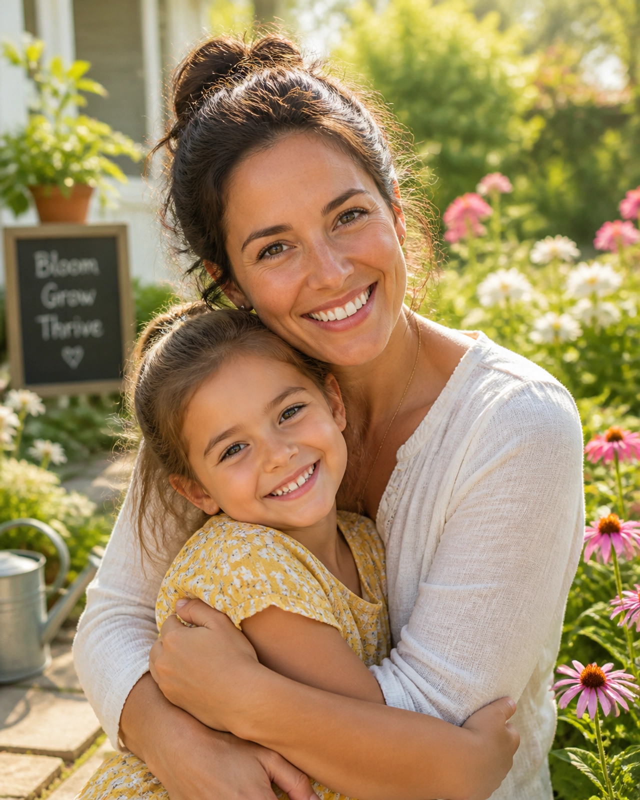 A single mother and daughter laughing and hugging in a beautiful sunlit garden, showing the joy of a balanced life.