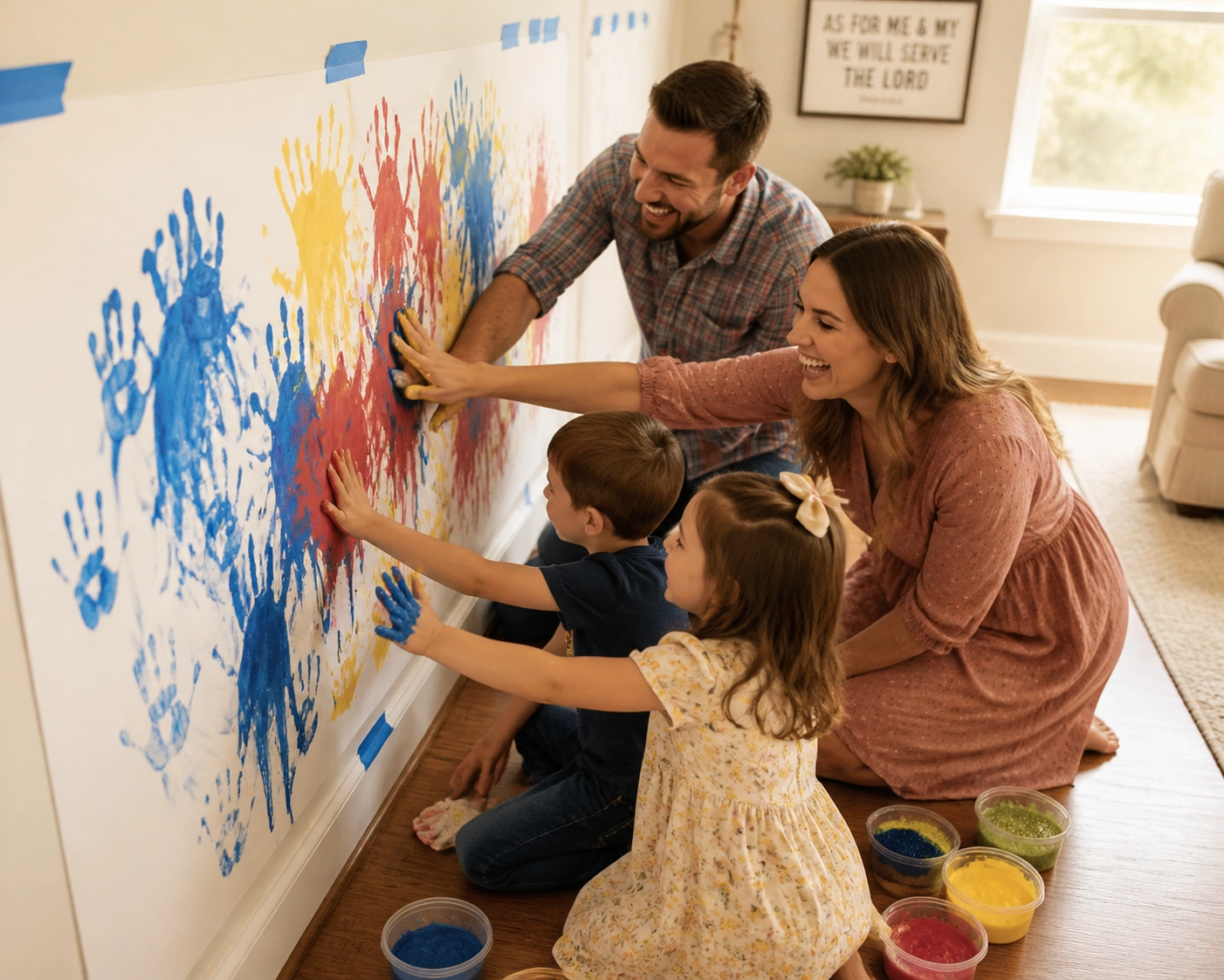 A family paints a colorful mural on butcher paper during a creative indoor activity at home.