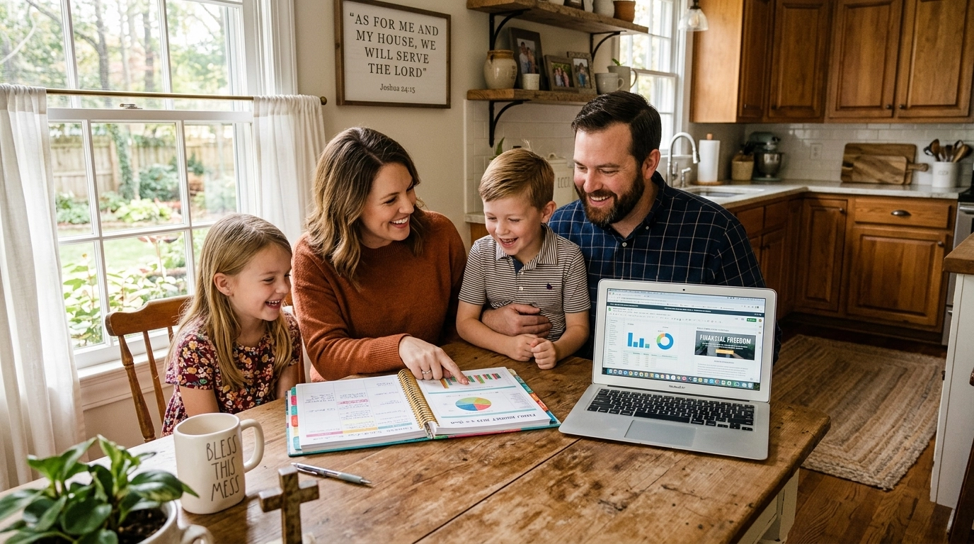A happy Southern family sitting at a rustic table, looking at a finance planner together.