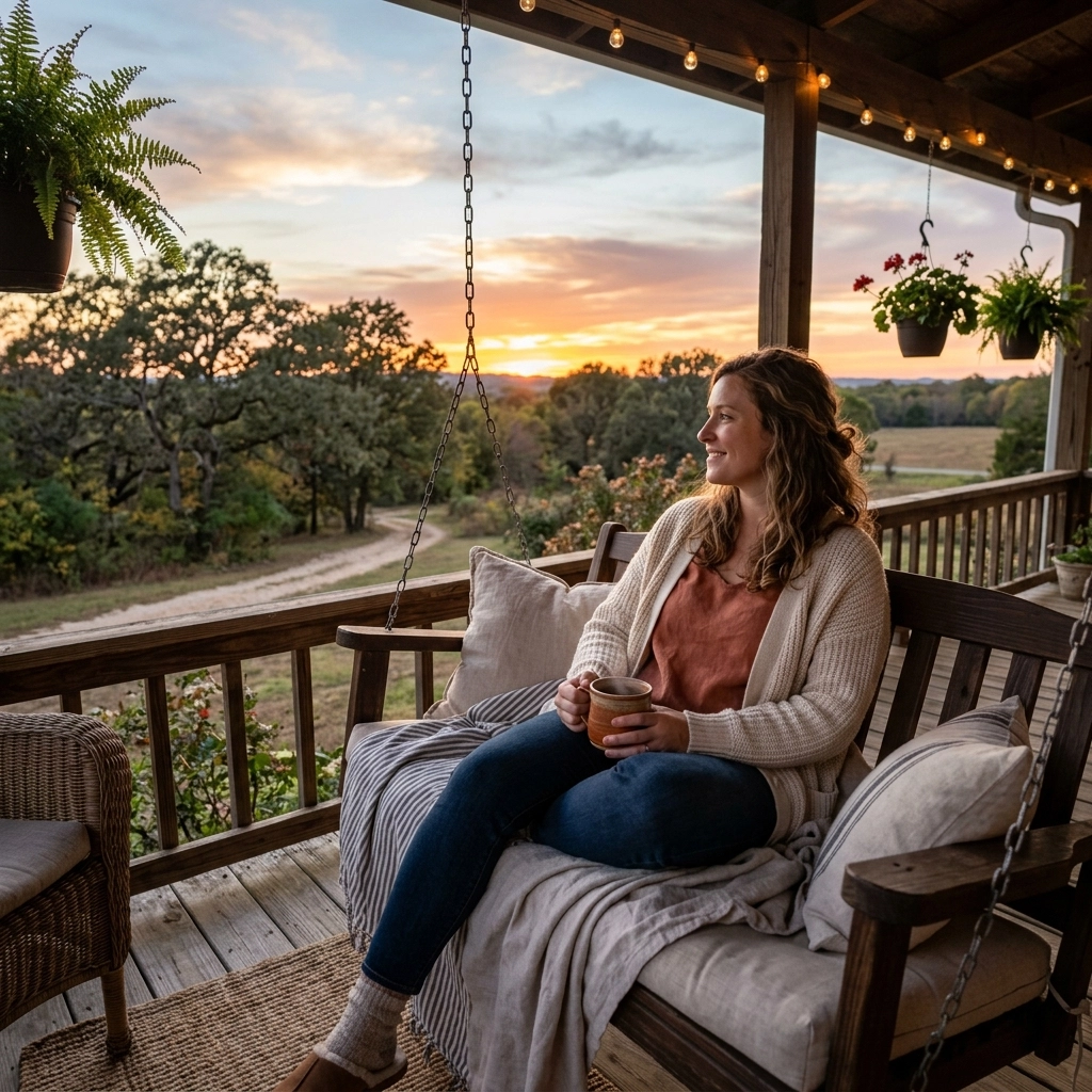 A woman in her early 30s sitting comfortably on a porch swing in the evening, holding a warm mug and looking at a sunset, representing rest.