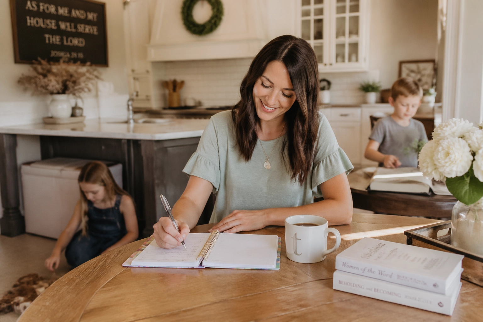 A woman writes in a notebook at a kitchen table with a mug and books nearby, while two children read and play in the background.