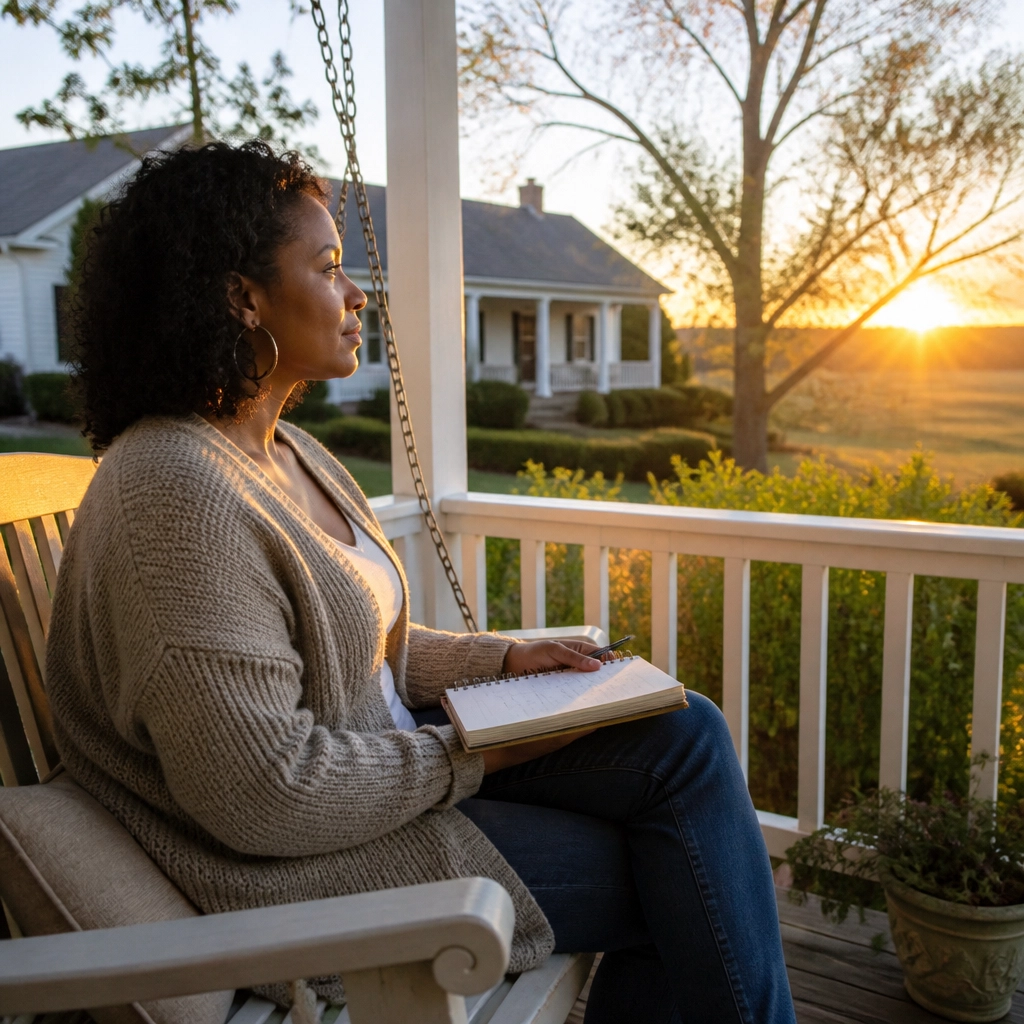 A peaceful morning scene with a single mom sitting on a porch swing, looking at the sunrise with a notebook on her lap.
