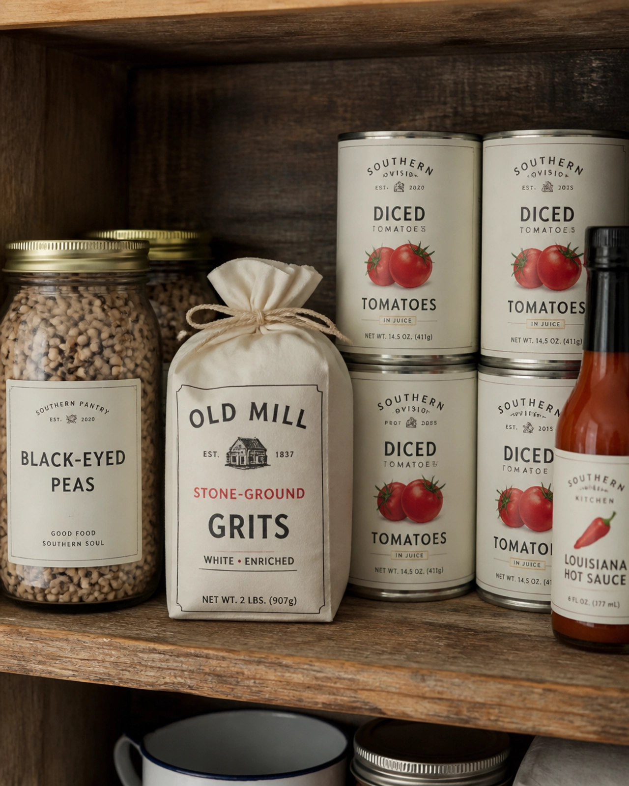 A close-up shot of a rustic wooden pantry shelf stocked with Southern staples like black-eyed peas, grits, and canned tomatoes.