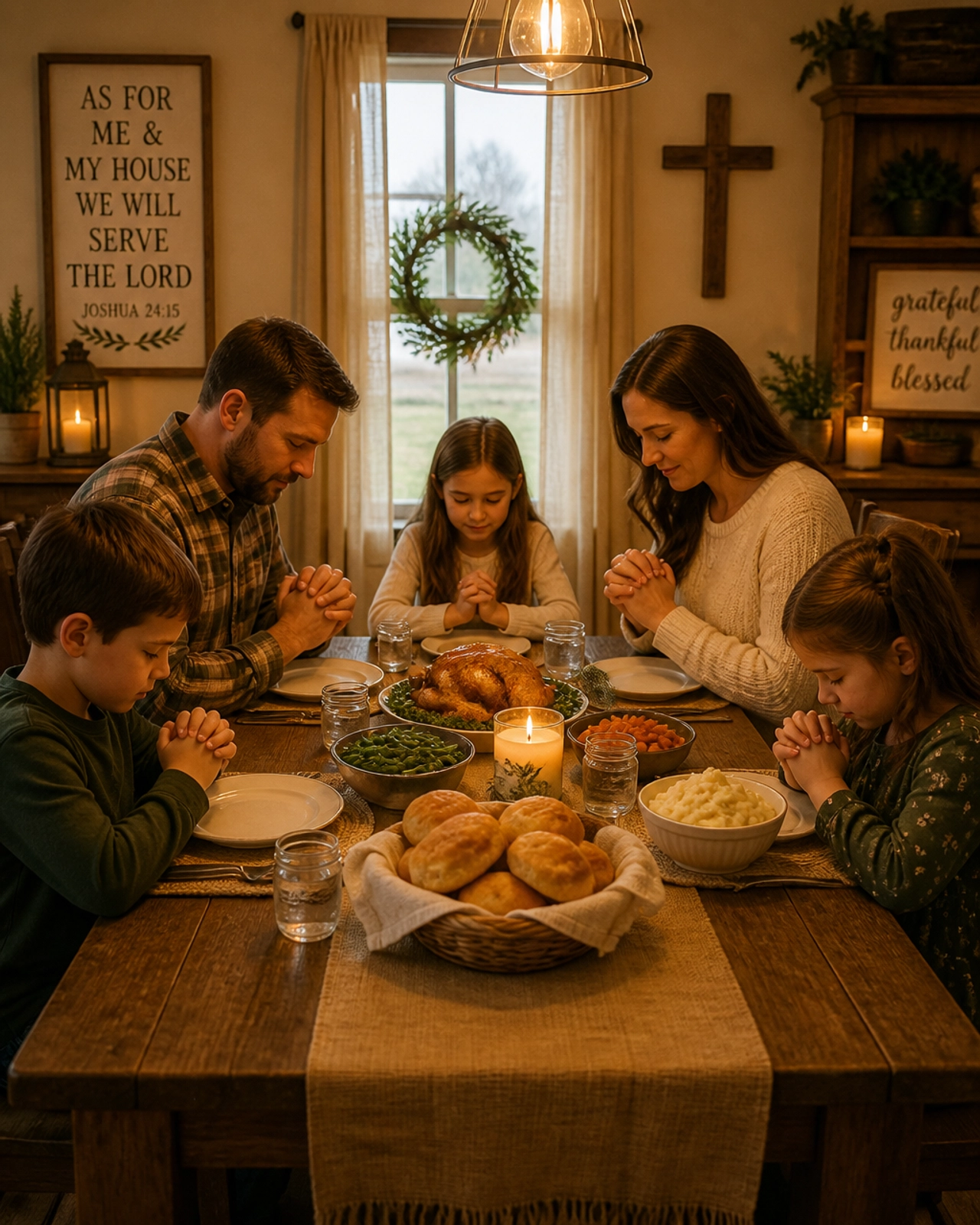 A traditional Christian family bowing their heads in prayer at a rustic wooden dining table.