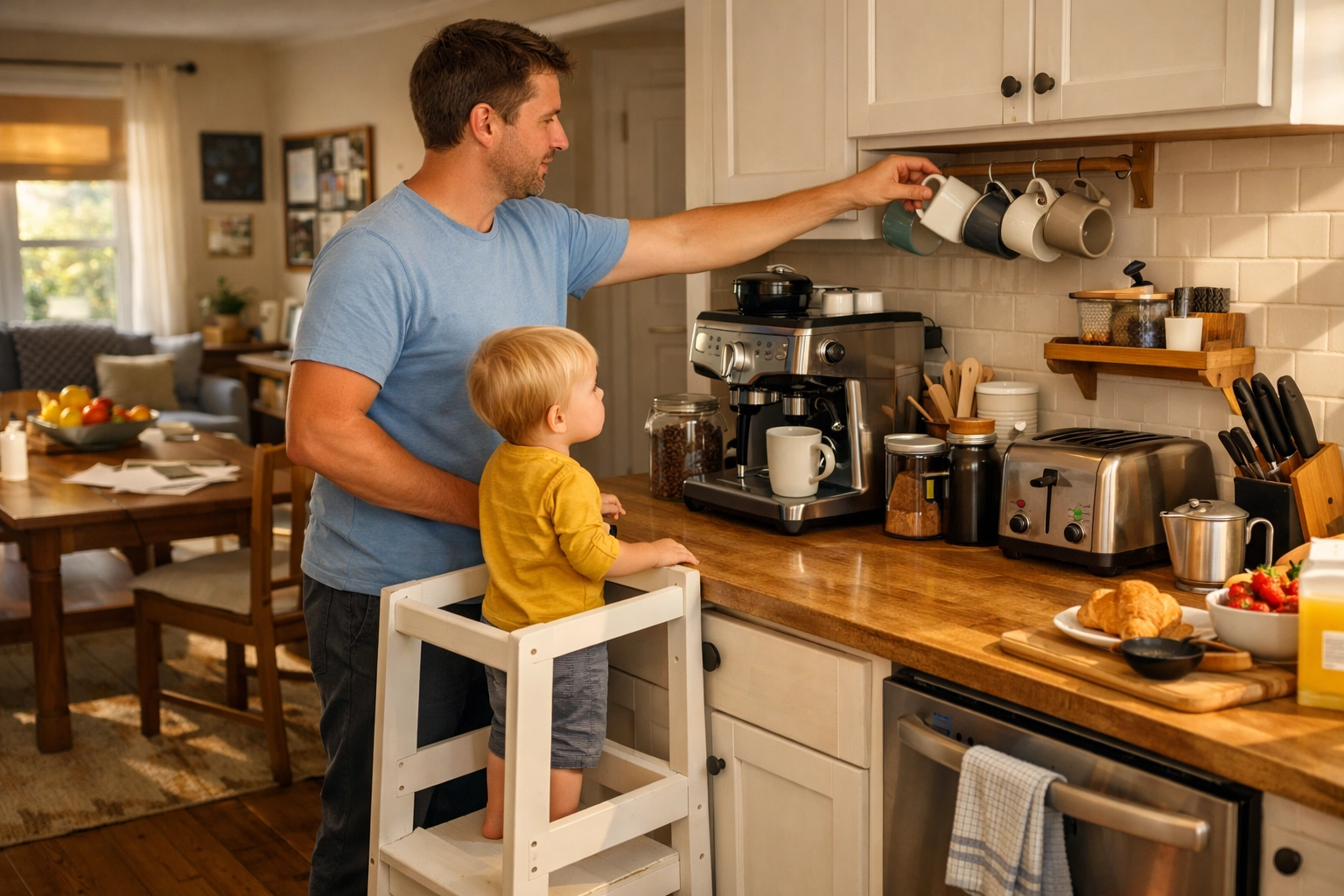 Accessible kitchen coffee station setup showing a father and child in a tidy, organized home.