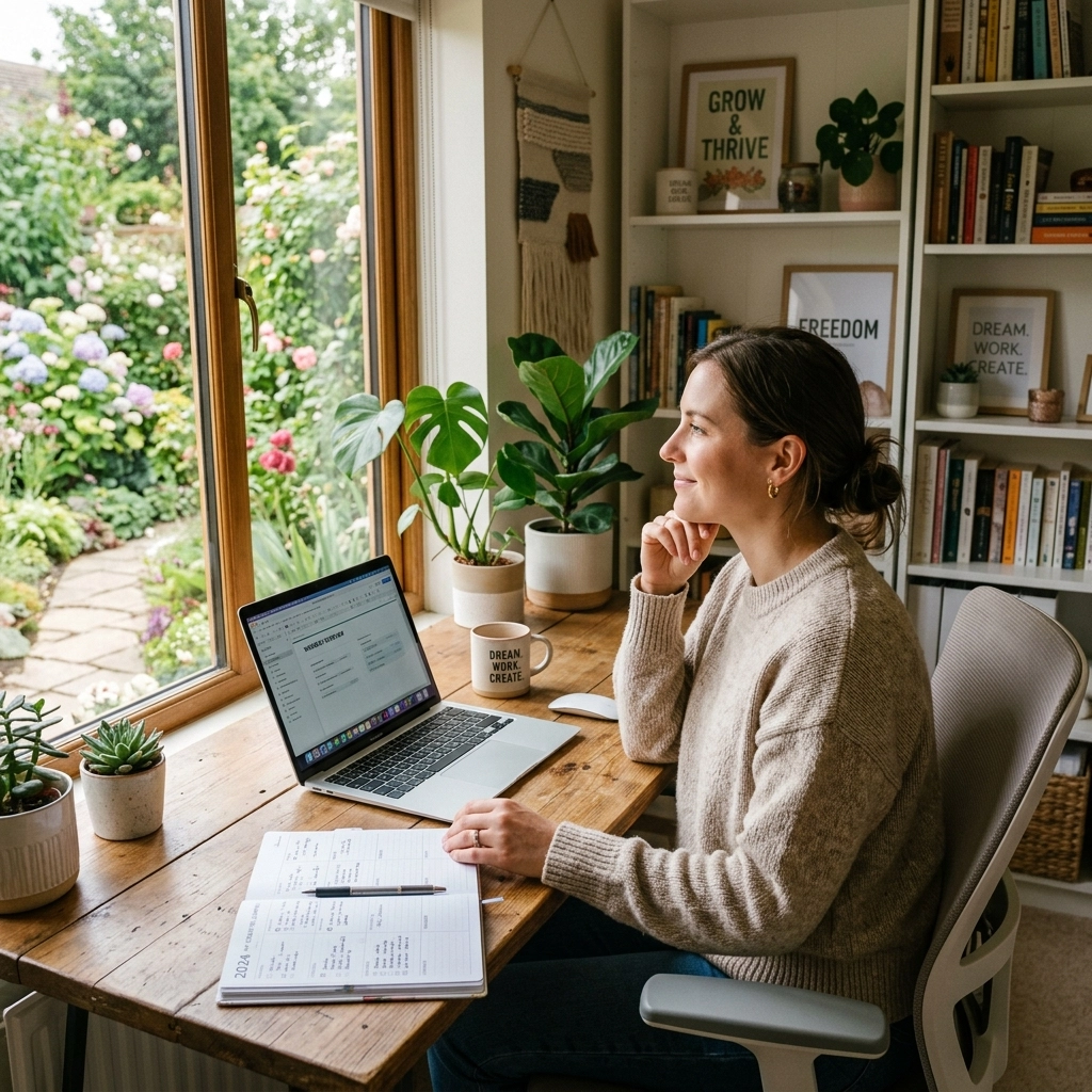 A woman in a peaceful home office looking out at her garden, empowered by her remote work setup.