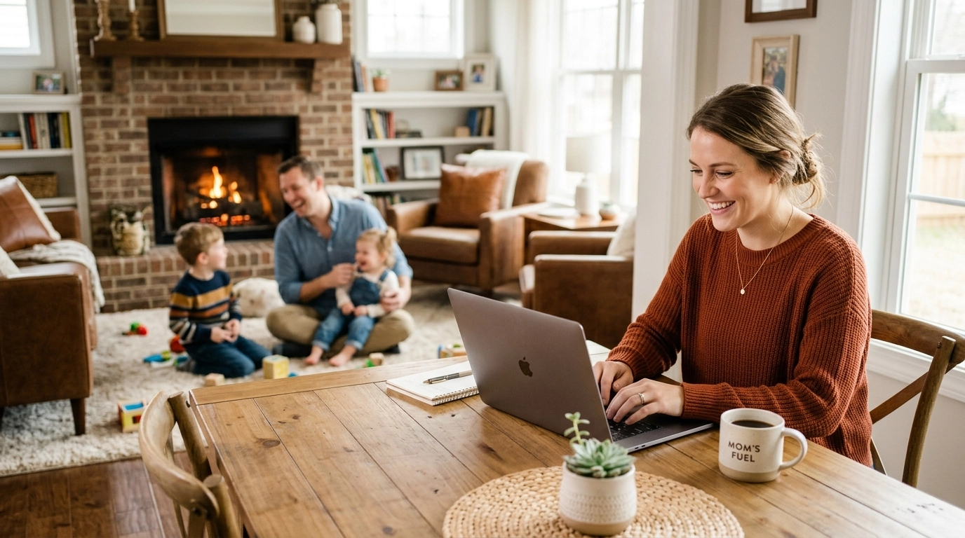 A woman works on a laptop at a wooden table, smiling. A mug labeled Moms Fuel sits nearby. In the background, a man and two children play on the floor in a cozy living room with a lit fireplace.