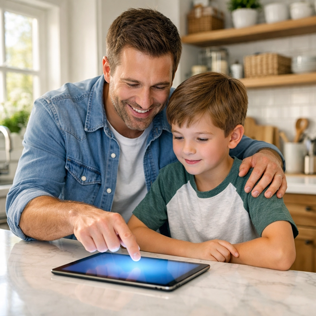 Father and son using a smart home tablet in a modern kitchen for daily organization and productivity.