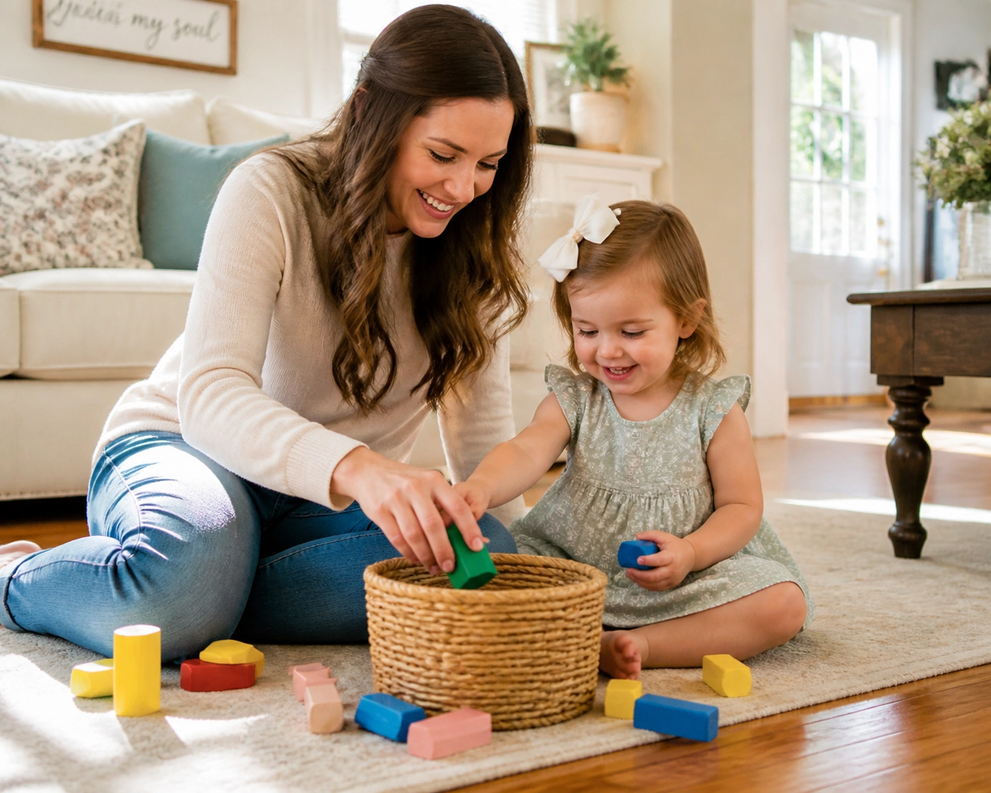 Mother and daughter practicing home organization tips by tidying toys into a wicker basket.