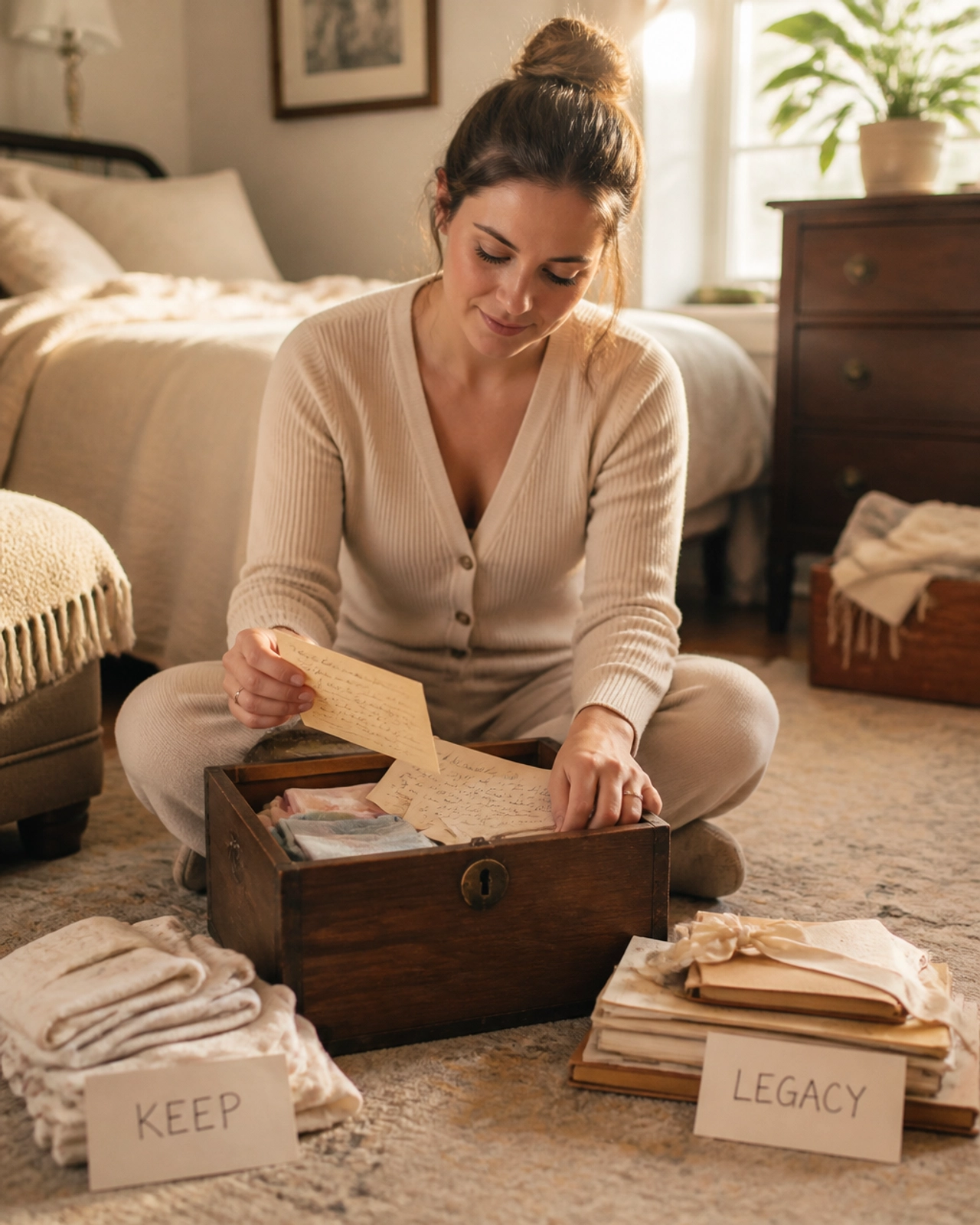 A young mother peacefully sorting through a keepsake box, choosing what truly matters.