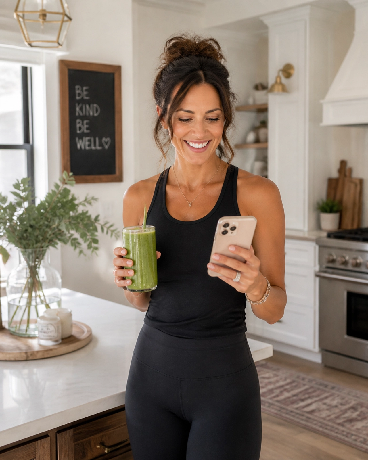 An energetic woman in a bright kitchen holding a green smoothie, looking ready to conquer the day.