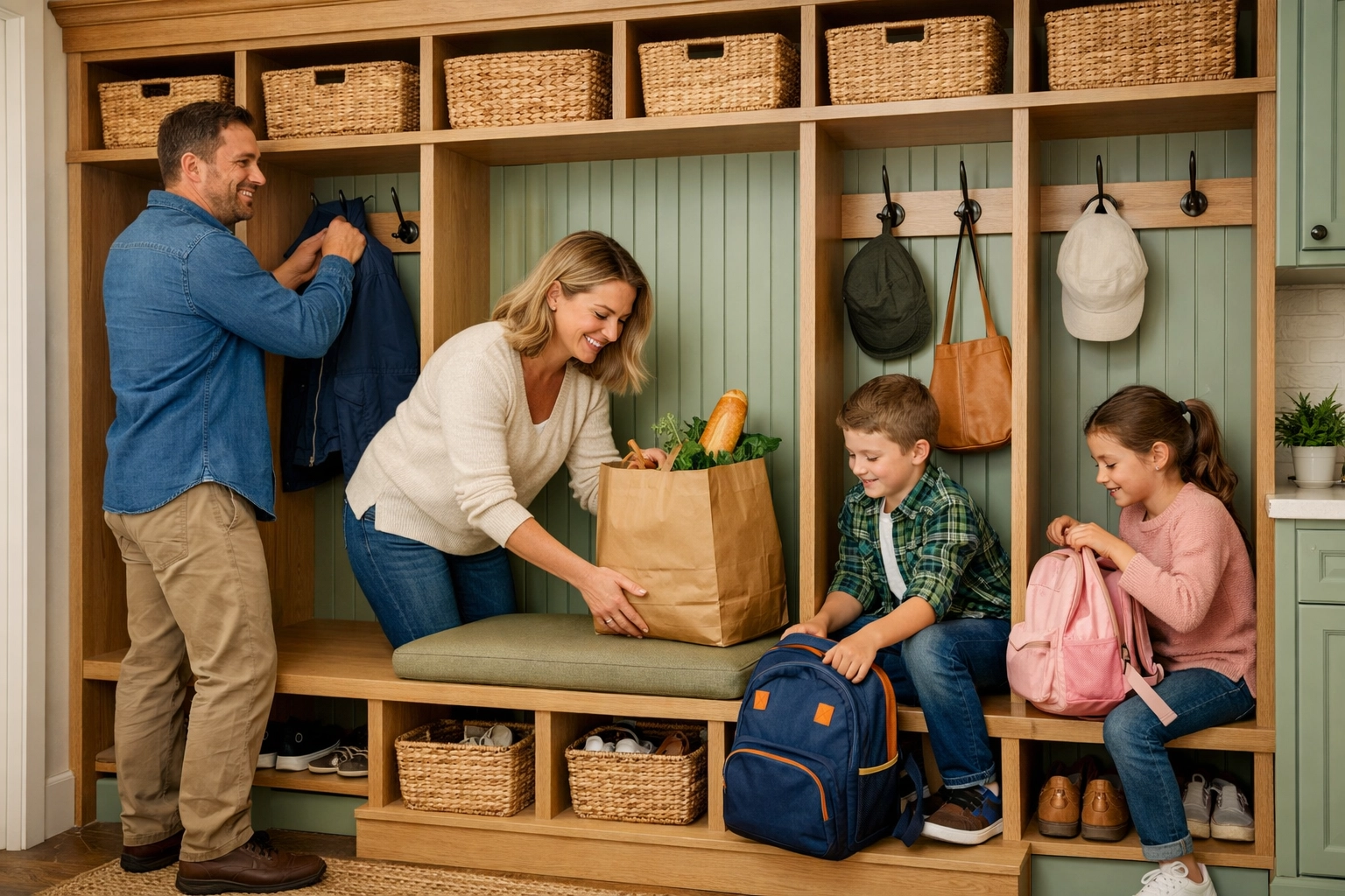 A family using an organized mudroom together to create a productive and thriving household ecosystem.