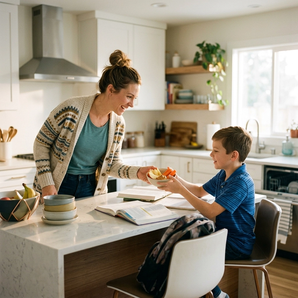 A mother in a clean kitchen handing a snack to her son, showcasing a life that is organized and focused on family connection.
