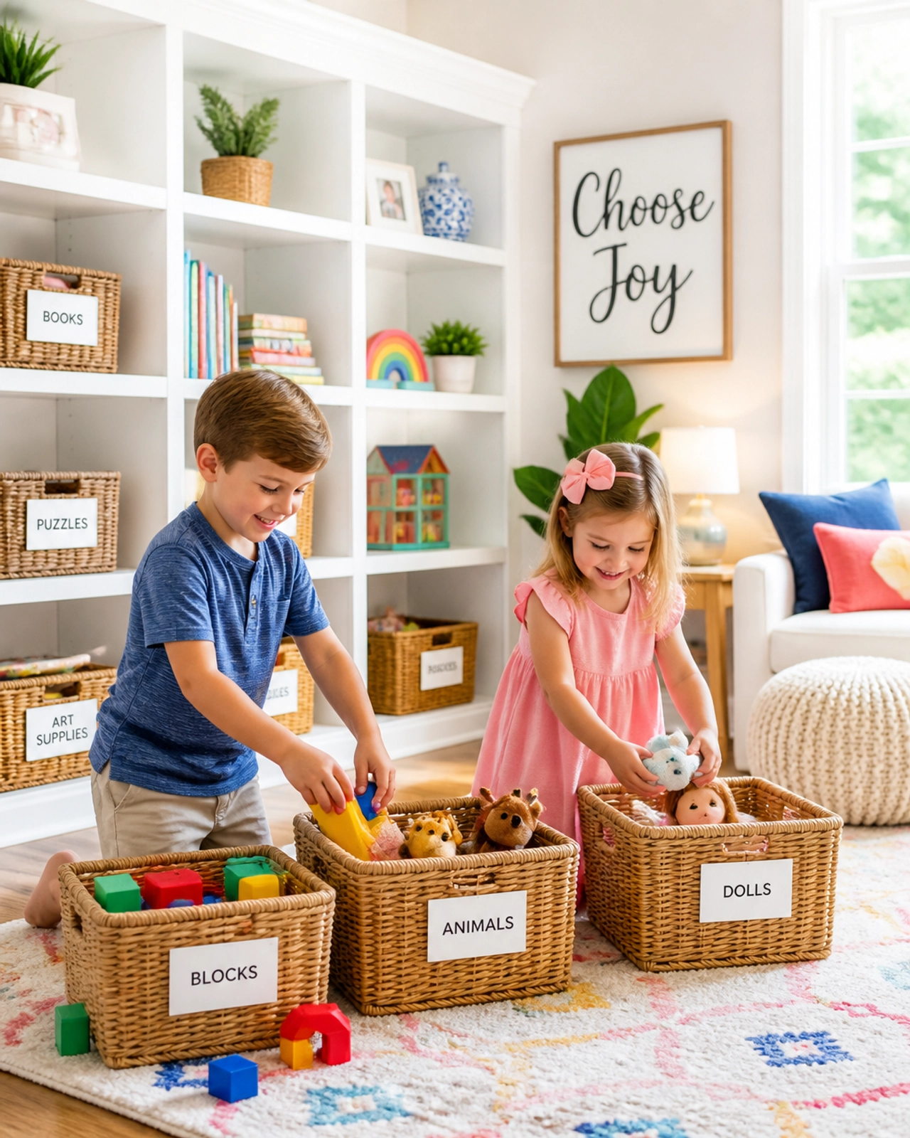 Children happily organizing their playroom into labeled baskets, learning the value of order.
