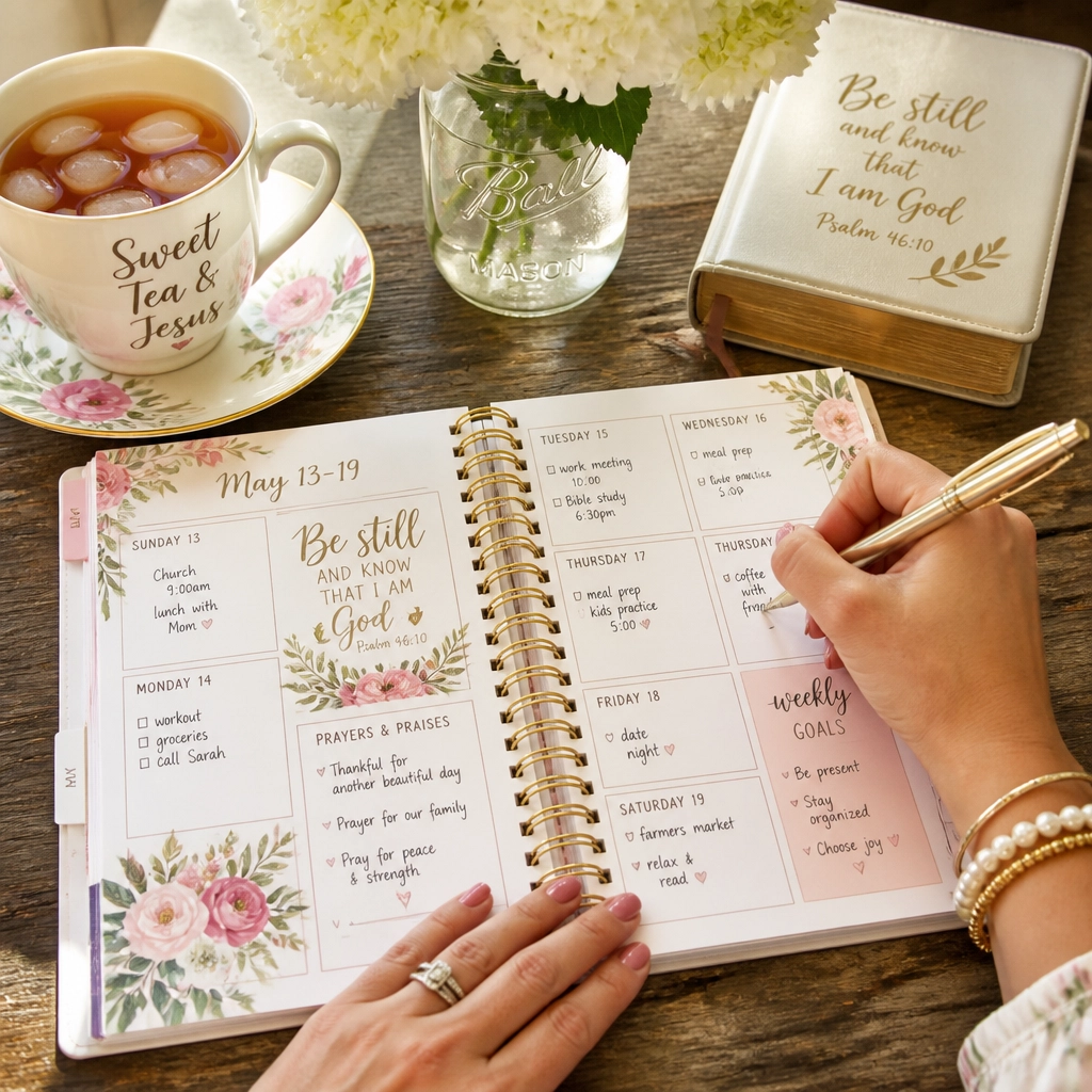 A close-up of a woman's hands writing in a stylish, organized floral planner next to a cup of sweet tea and a small Bible on a rustic wooden table.