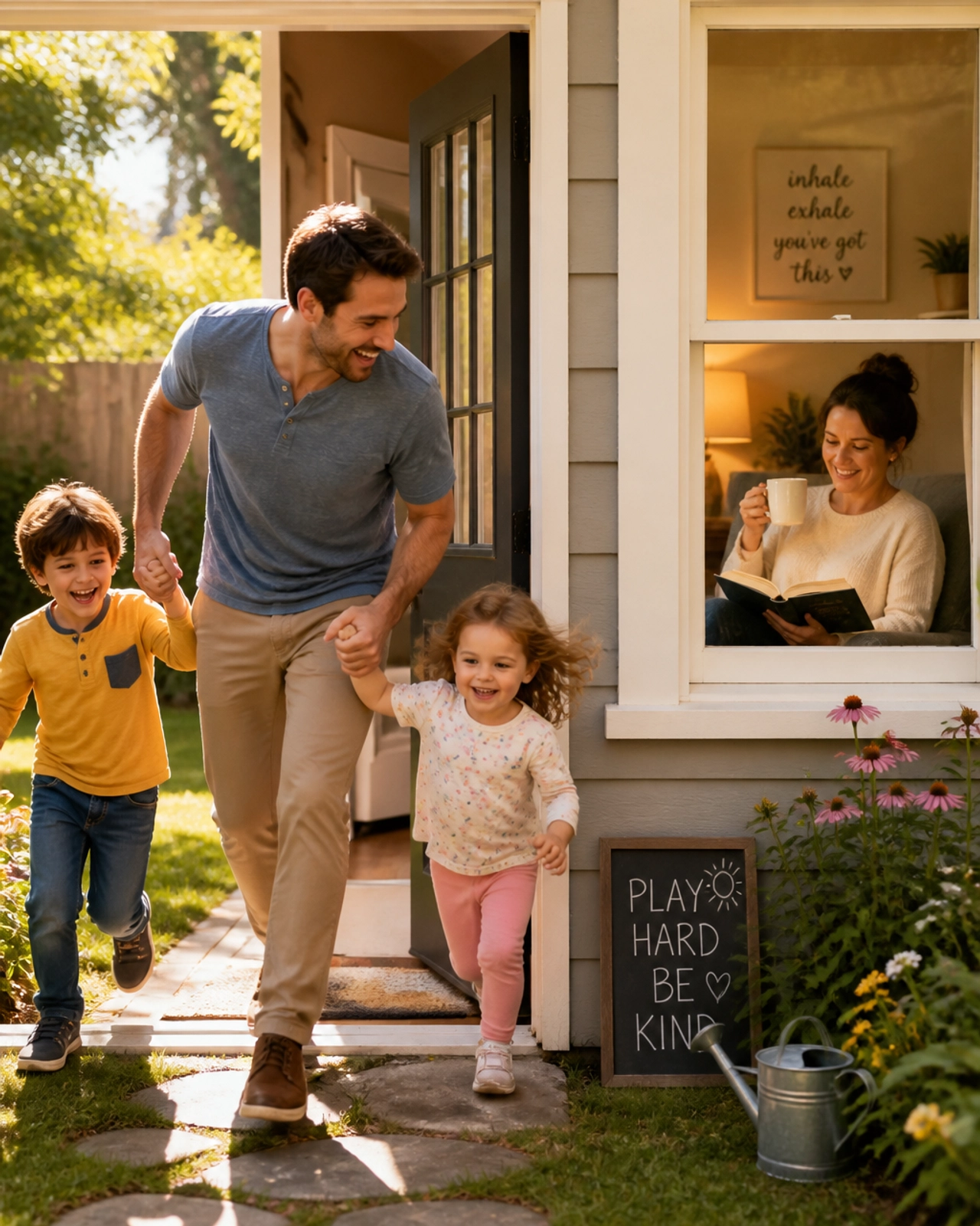 A dad taking the kids outside so mom can have her quiet time.