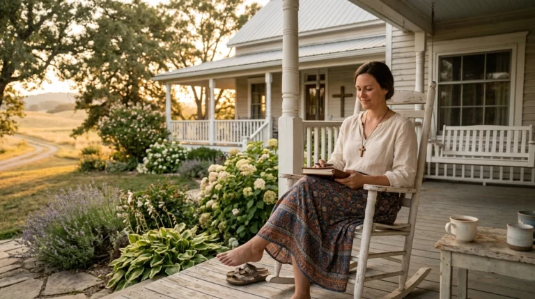 A woman sits barefoot on a rocking chair on a porch, writing in a notebook. She is surrounded by blooming flowers and greenery, with a mug and sandals nearby, enjoying a peaceful, sunny day.