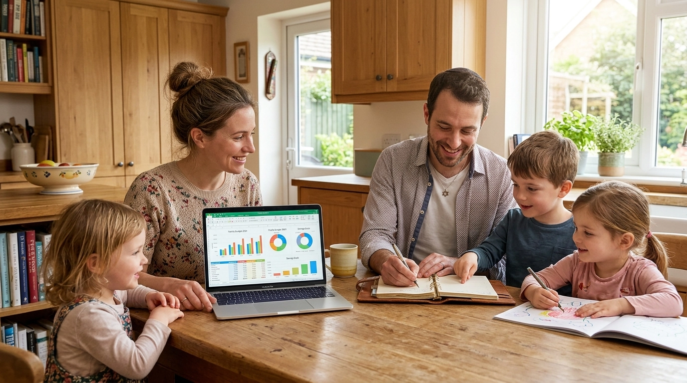 A family of four sits at a wooden kitchen table; parents work with a laptop and notebook showing colorful charts, while two young children draw and look on, all smiling and engaged.