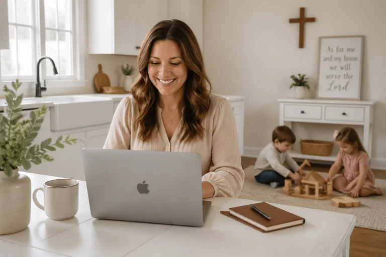 A woman smiles while working on a laptop at a kitchen table. A notebook, pen, and mug are nearby. In the background, two young children play with wooden blocks on the floor near a sign with a Bible verse.