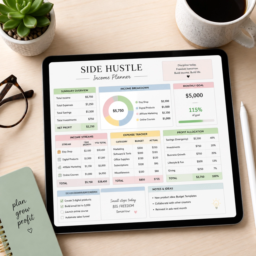An organized digital planner and coffee, symbolizing the potential for digital product passive income.