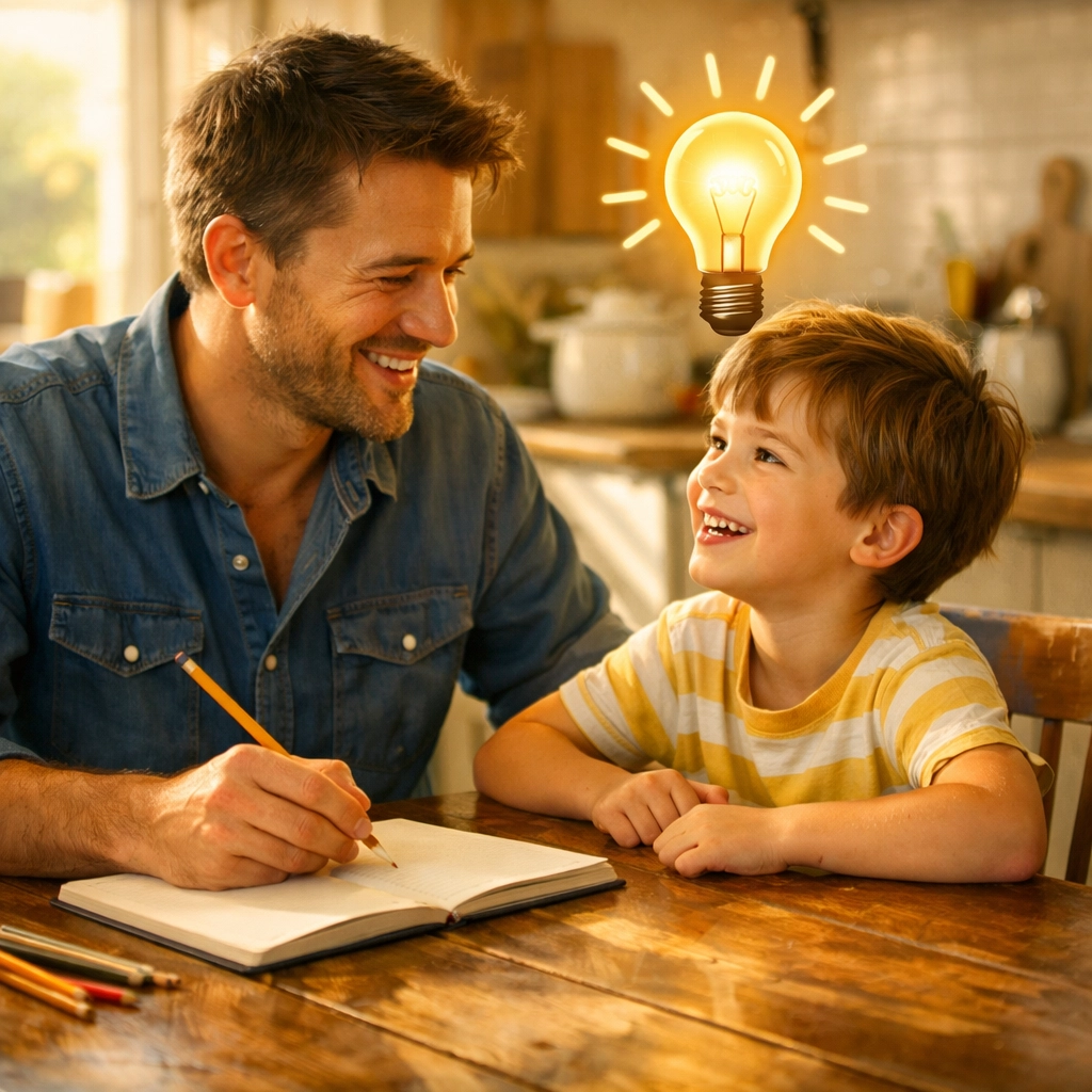Father and son brainstorming ideas for creating a profitable side hustle at their kitchen table.