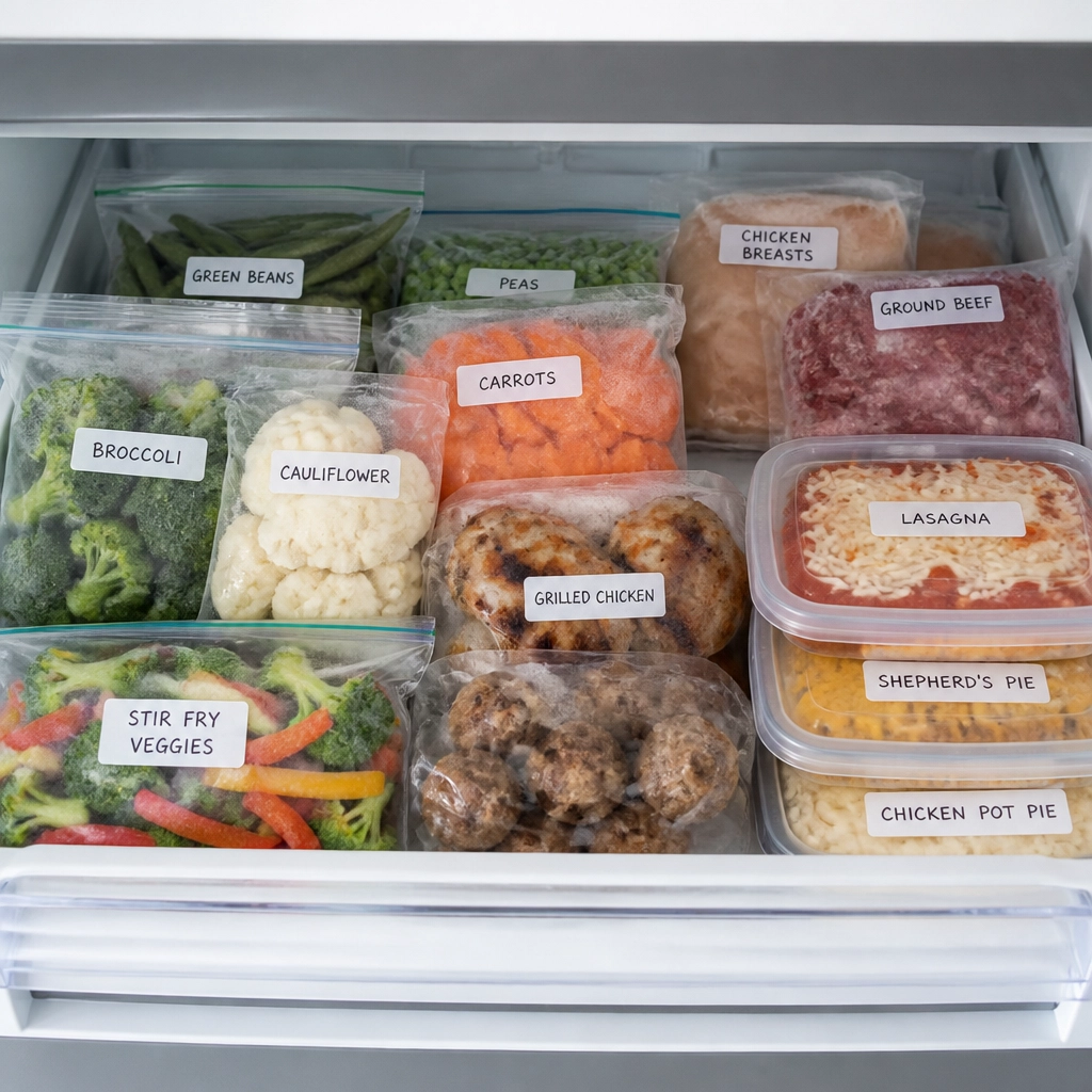 A well-organized freezer drawer with labeled bags of food