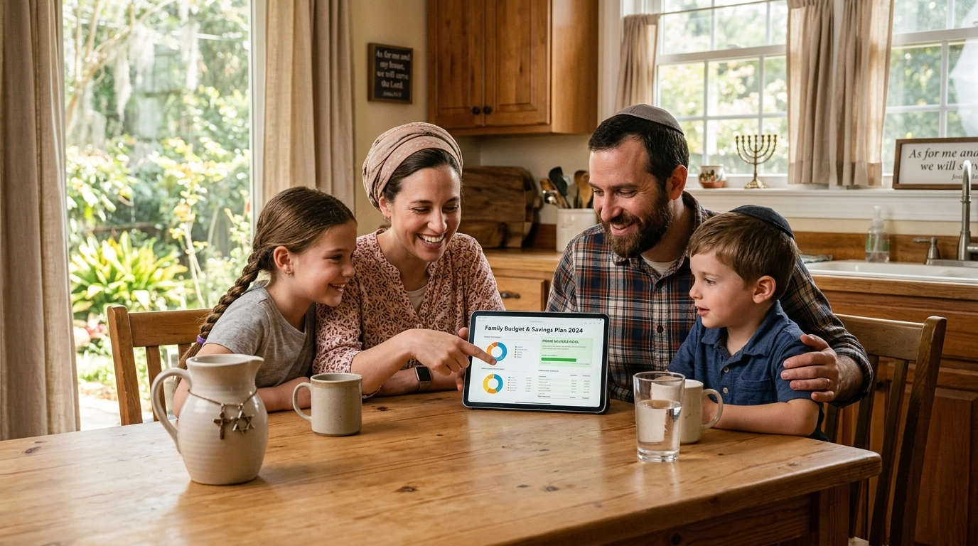A happy traditional family sitting at a kitchen table looking at a tablet with hope and focus