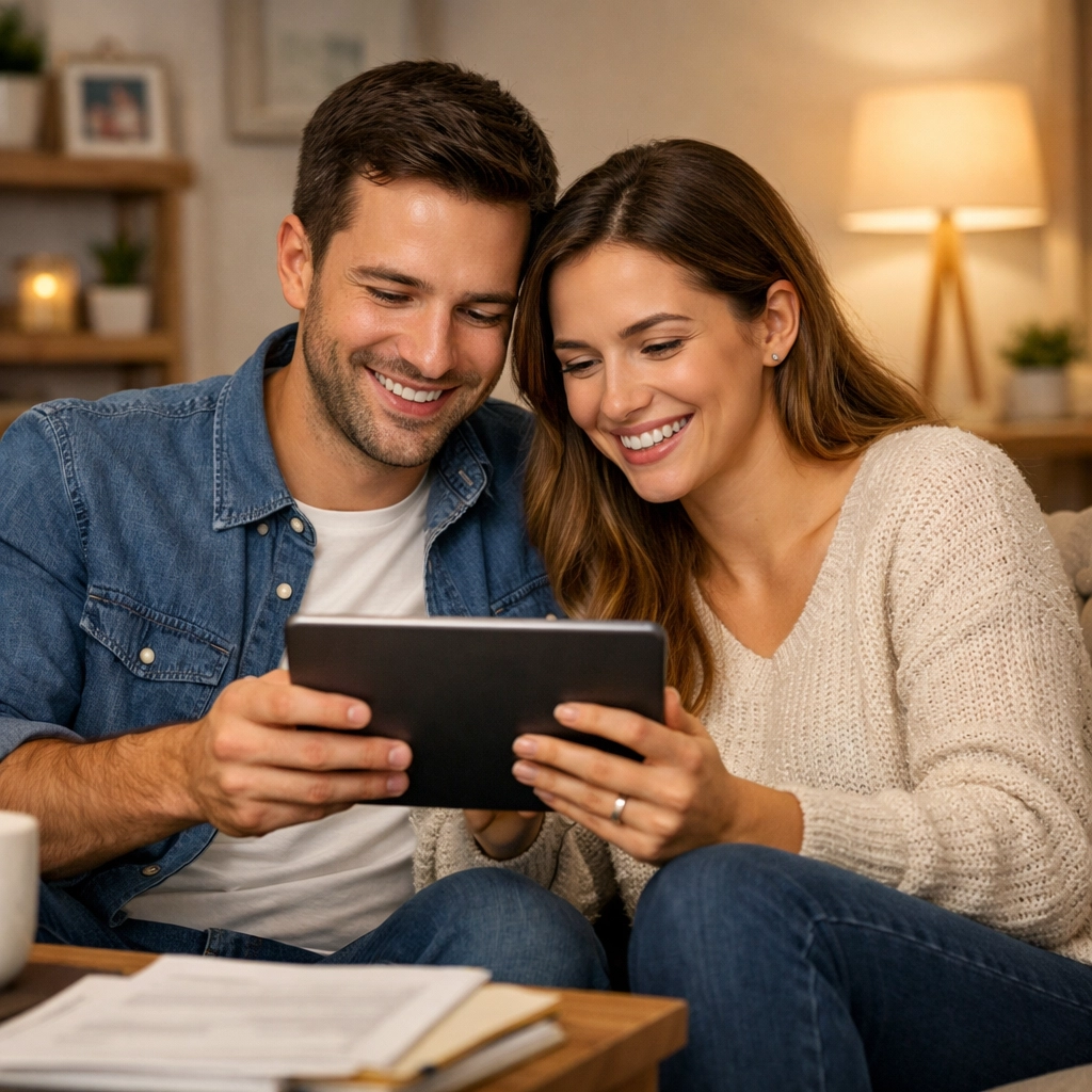 Smiling couple managing their family finances together on a tablet to save money on monthly bills.
