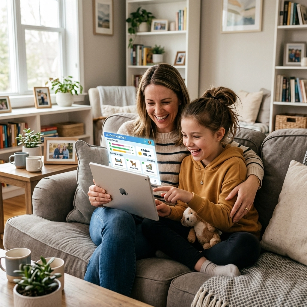 Mother and daughter using a chore app on a tablet