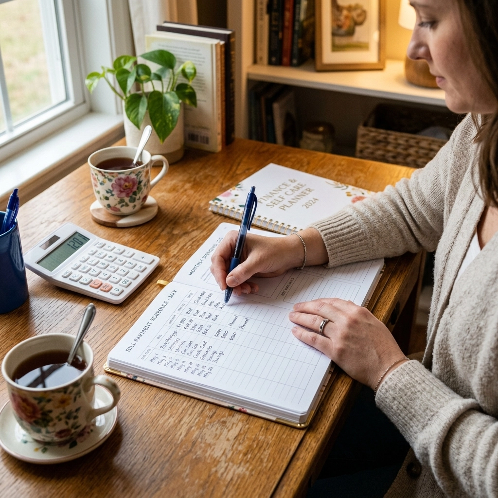 A woman's hands writing in a detailed Finance and Life Planner with a pen.
