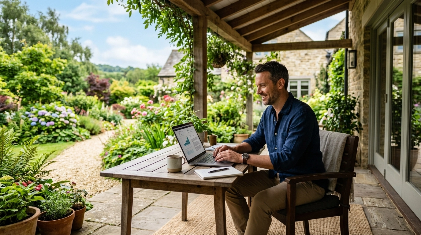 A man working productively on a laptop from a comfortable home porch