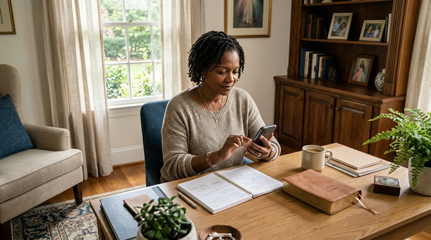 A focused woman in her home office calmly but firmly setting a boundary on her phone, showing that clarity leads to reclaimed energy.