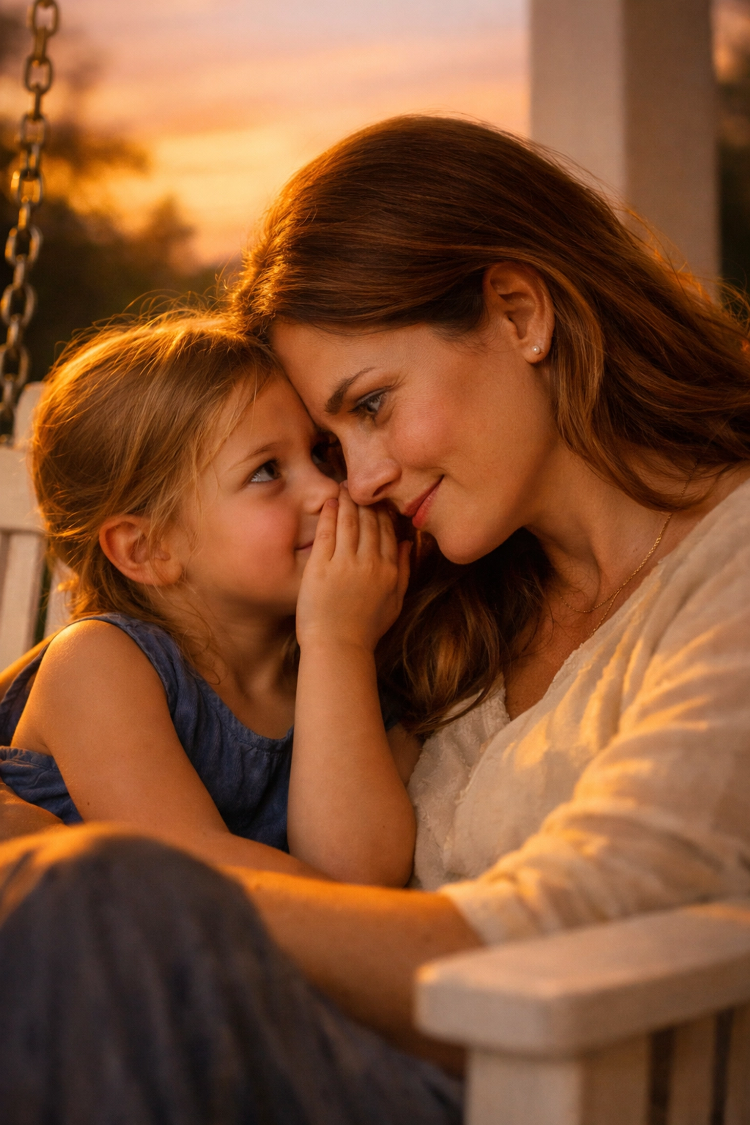 A mother and daughter bonding on a porch swing, practicing intentional parenting through connection.