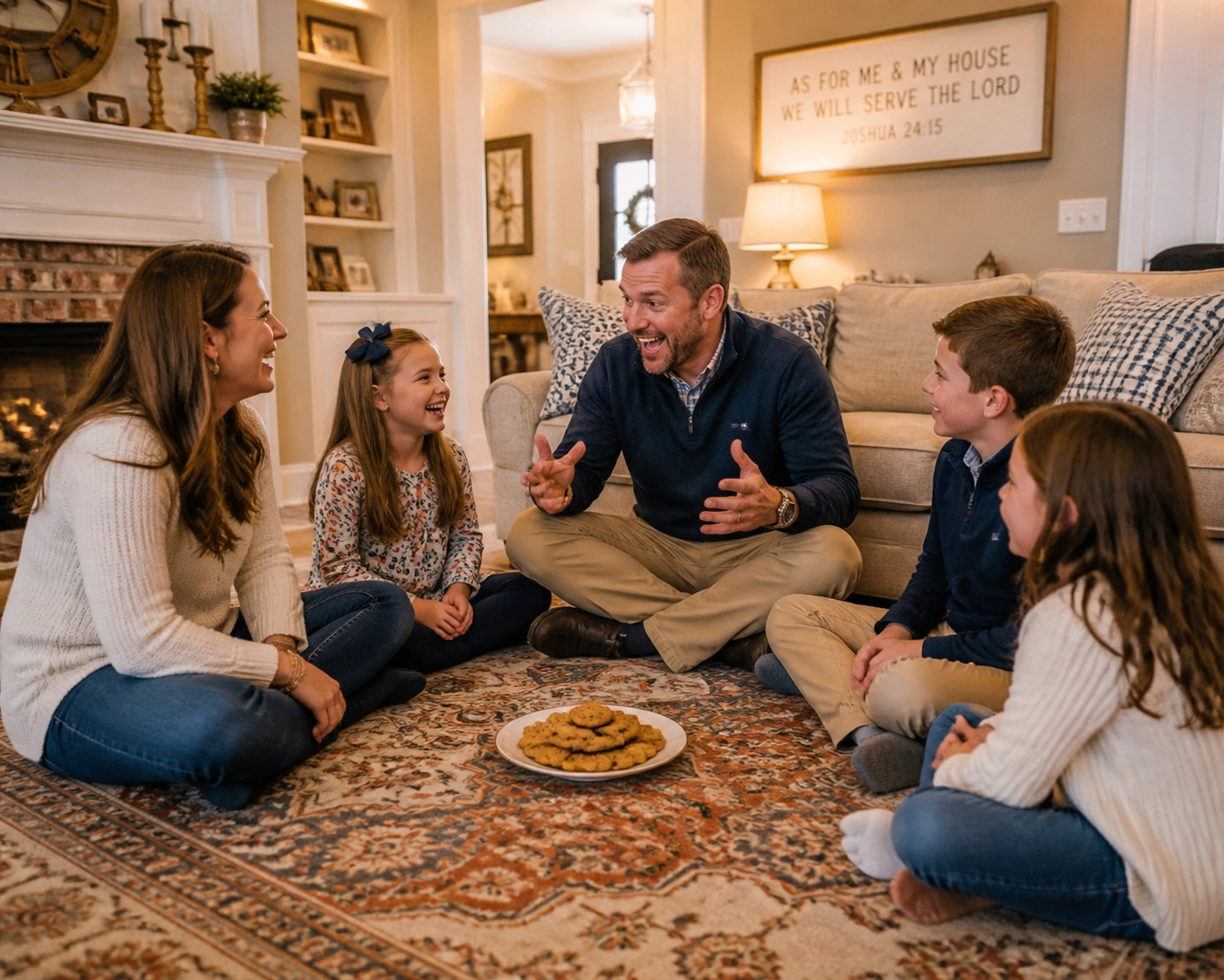A family meeting in a cozy living room, used for intentional parenting and planning the week together.